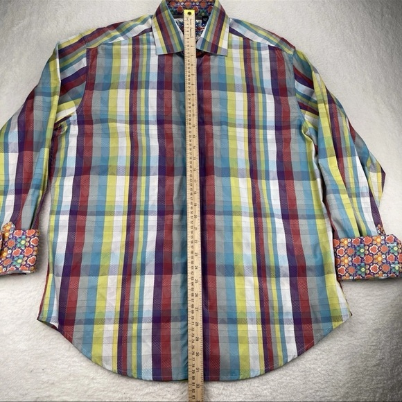 Robert Graham Shirt Mens XL Floral Orange Gingham Multicolored Flip Cuff Button - Picture 5 of 12